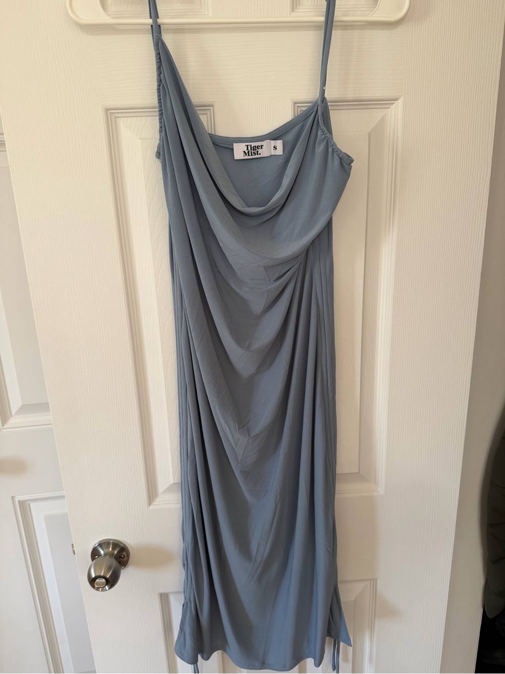 Tiger Mist Dusty Blue Draped Cowl Midi Slip Dress